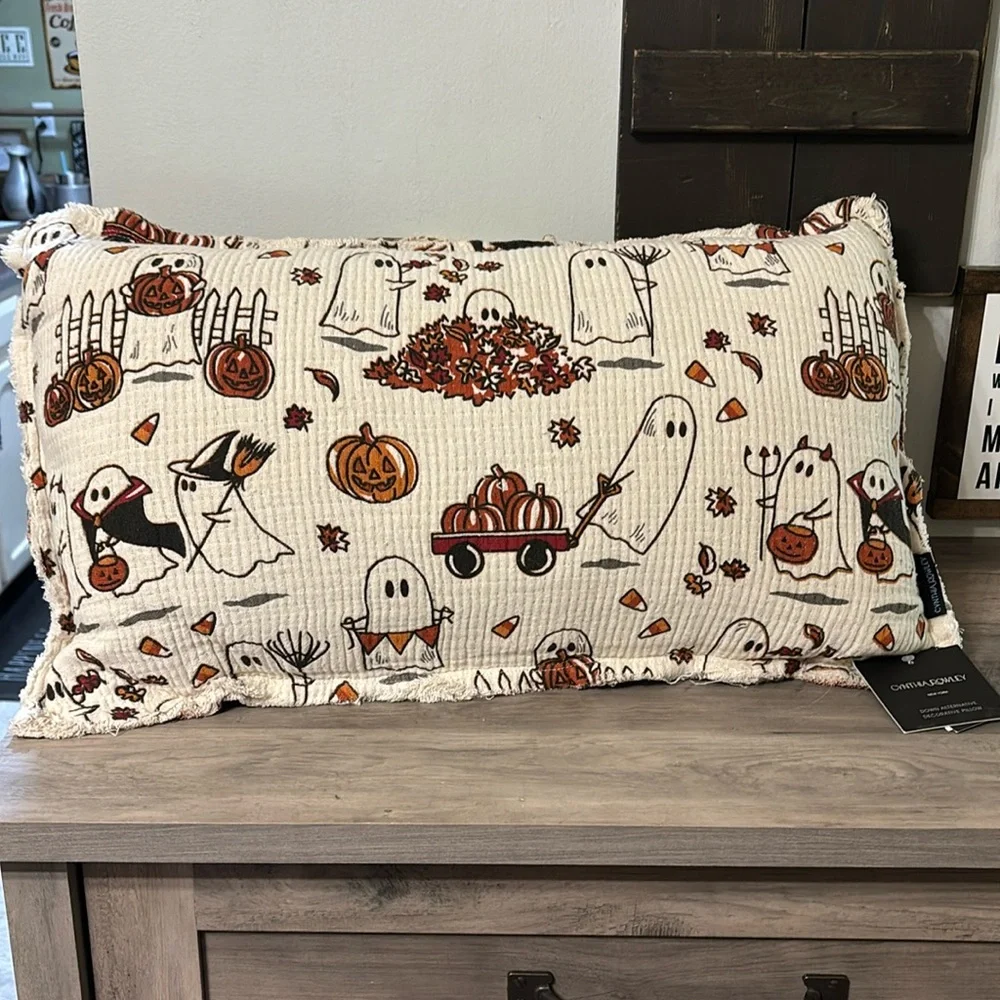 Cynthia Rowley Halloween Pillow Ghost Pumpkin Decor Fringed Accent Throw PILLOW